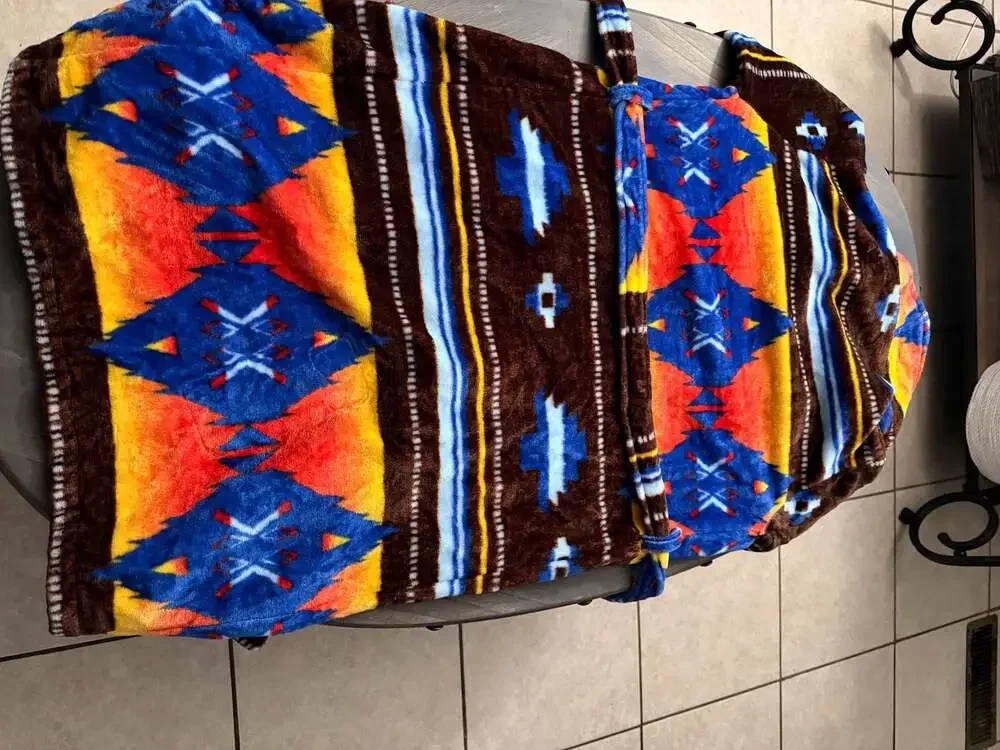 Southwestern Aztec Print Plush Fleece Hooded Bathrobe with Belt and Pockets